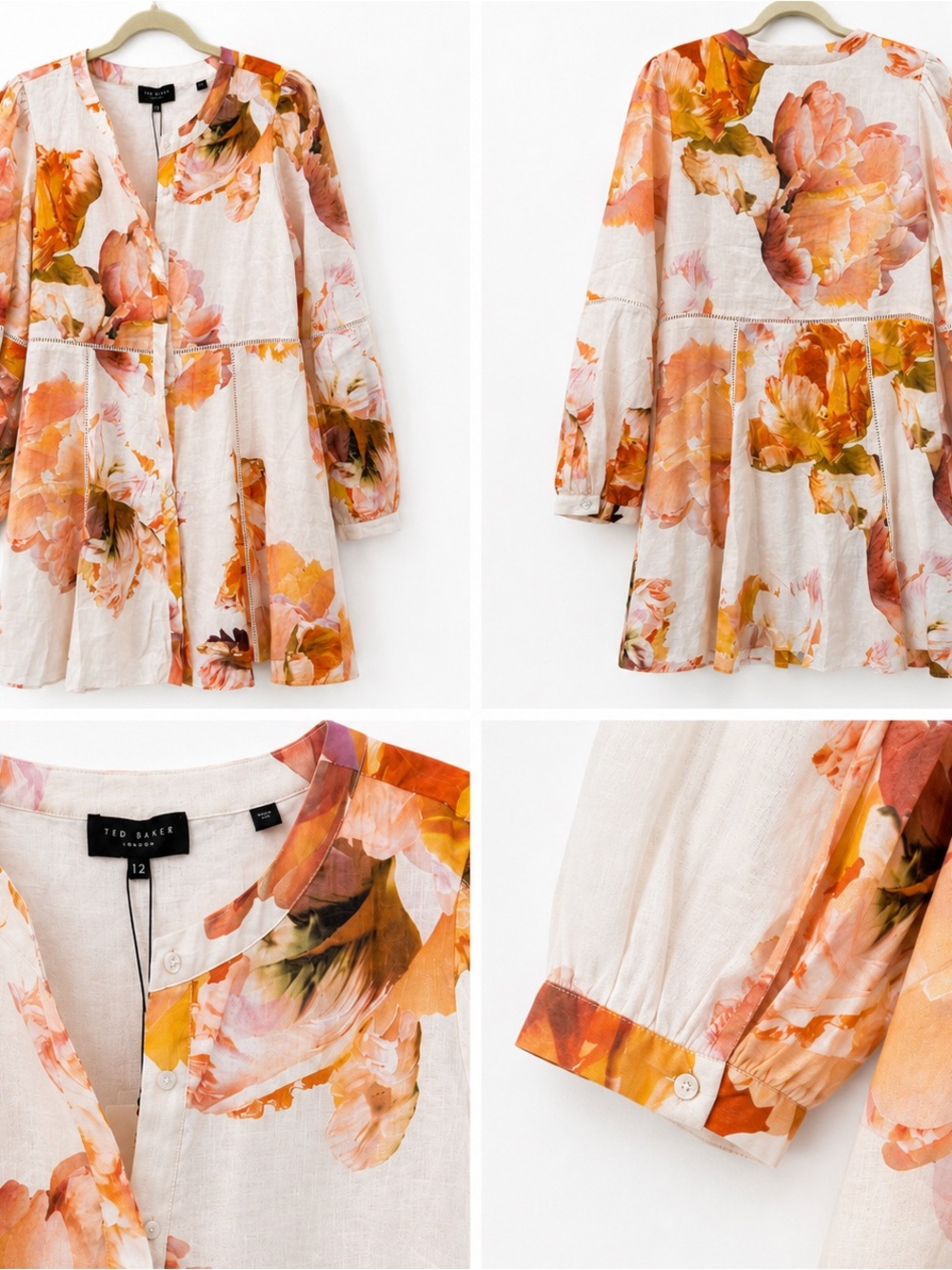 Ted Baker Cream Midi Dress with Orange and Pink Floral Print